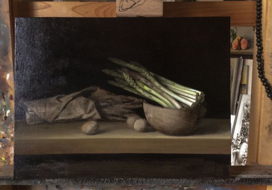 Asparagus and quail eggs, 30x40cm, oil no canvas, 2018, original classic still life