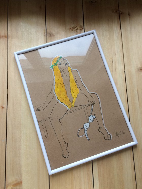 Nude woman with yellow hair