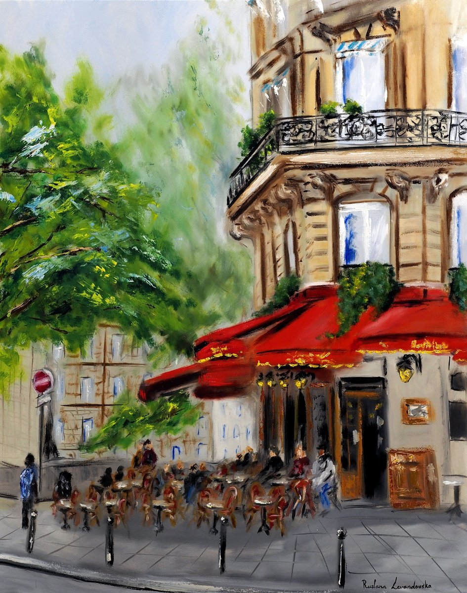 Impressionistic Cityscapes Oil Painting By Ruslana Levandovska, 24 X 30", Paris Corner Cafe - With Gold Embellishment, Artfinder
