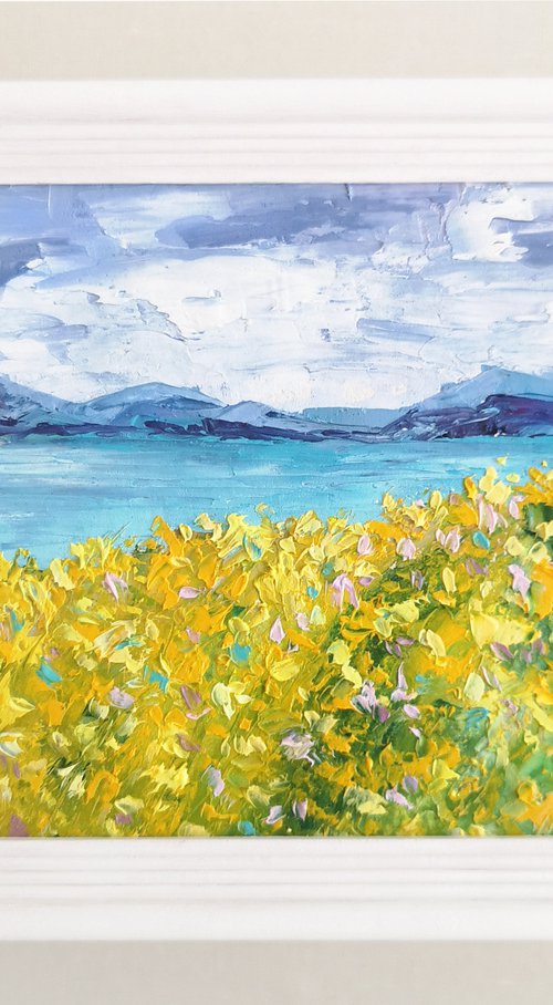 Impressionist landscape, sea, flower meadow, small oil painting by Olga Grigo