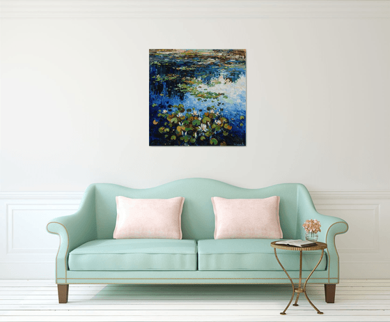 Water lilies Original Oil painting 90 x 90 cm FREE SHIPPING