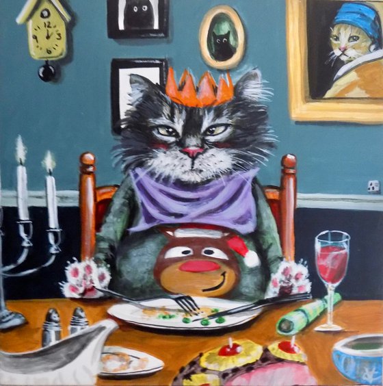Cat painting called 'Christmas Stuffing'