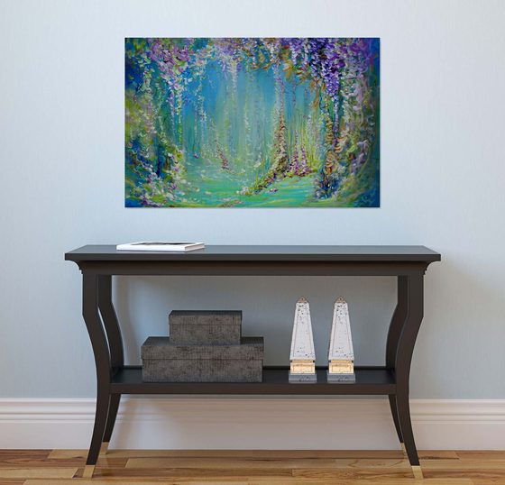 Abstract Landscape "Magic Forest" Painting. Floral Abstract Tropical Flowers and Birds. Original Blue Teal Green Painting on Canvas. Modern Impressionism Art