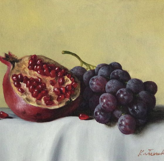Still Life, Fruits, Pomegranate and Grapes Original oil Painting, Classic Art, Handmade painting, One of a Kind