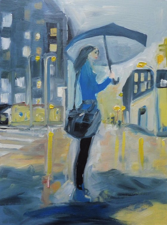 GIRL DELIVERY RAINY CITY NIGHT LIGHT REFLECTIONS. Original Female Figurative Oil Painting. Varnished.