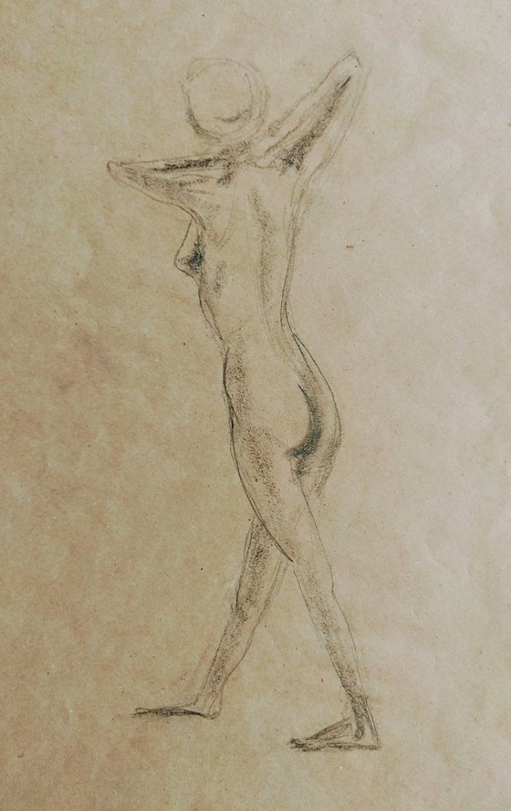 Nude. Sketch. Original pencil drawing on beige paper