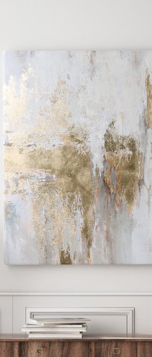 "Cascade 5" Abstract gold white acrylic art by Yana Sagan