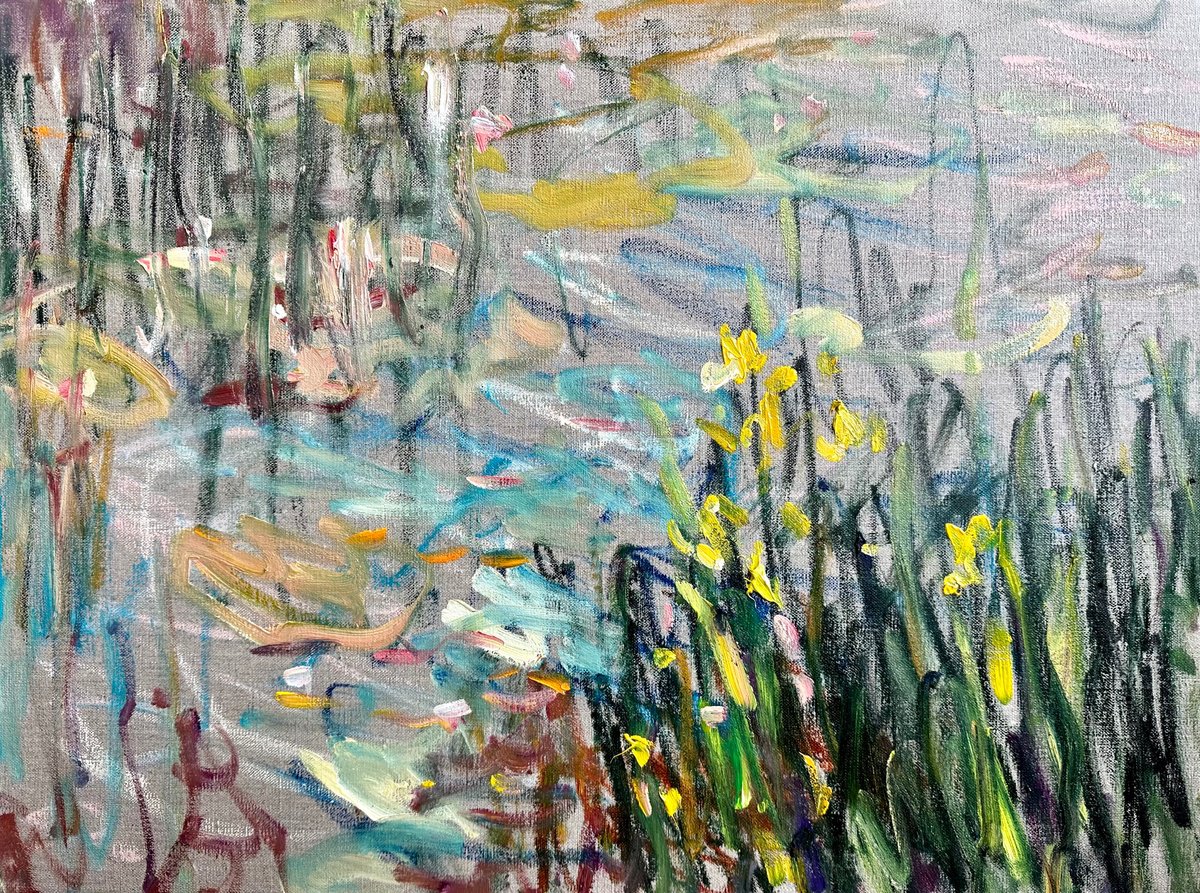 Expressive Landscape Oil Painting By Lilia Orlova-Holmes, 24 X 18", Wild Pond, Original Artwork