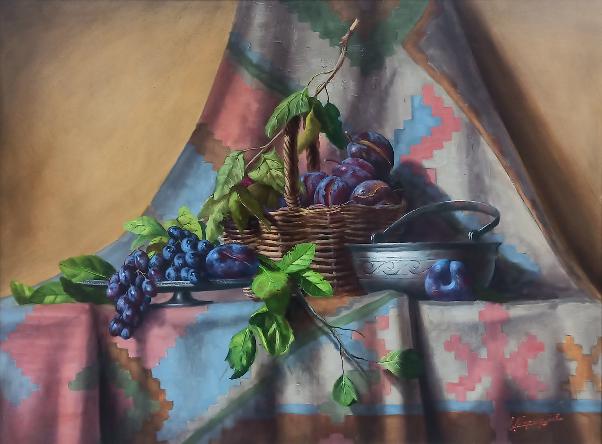 Photorealistic Still Life Oil Painting By Arayik Muradyan, 31 X 24, Still Life With Plums And Grapes, Original Artwork