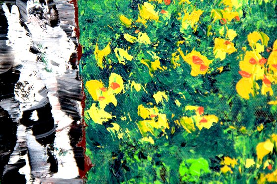 Yellow-and-Orange-Daffodils-Growing-in-a-Woodland. Birch trees .Huge size! EXCLUSIVE !!!! A unique offer! Original oil on canvas + book