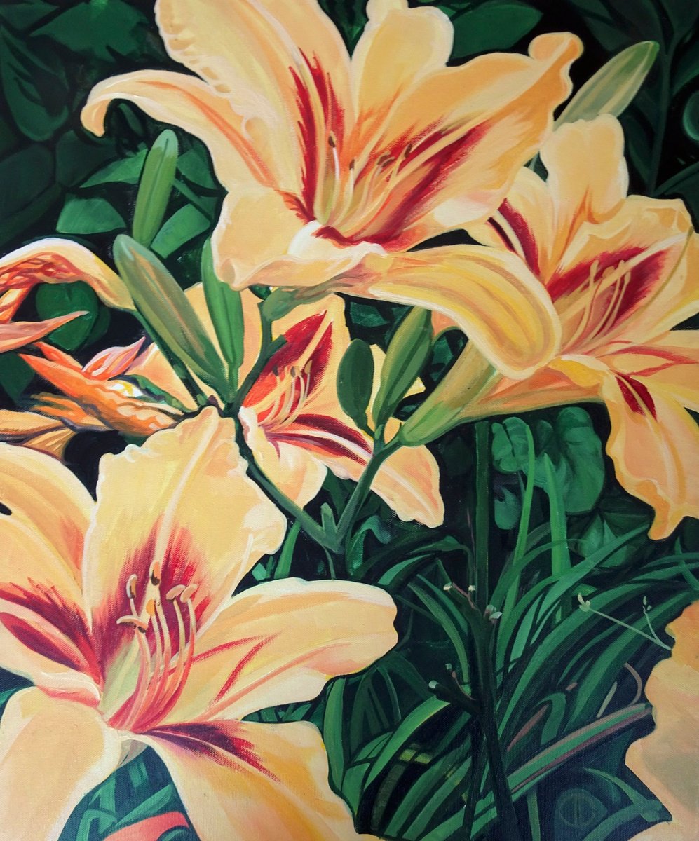 Impressionistic Botanical Acrylic Painting By Joseph Lynch, 20 X 24, Yellow Day Lillies, Original Artwork