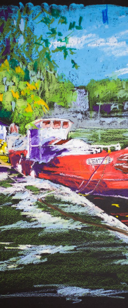 View of Sain-Martin in Paris. Red boat. Medium oil pastel drawing bright colors France by Sasha Romm