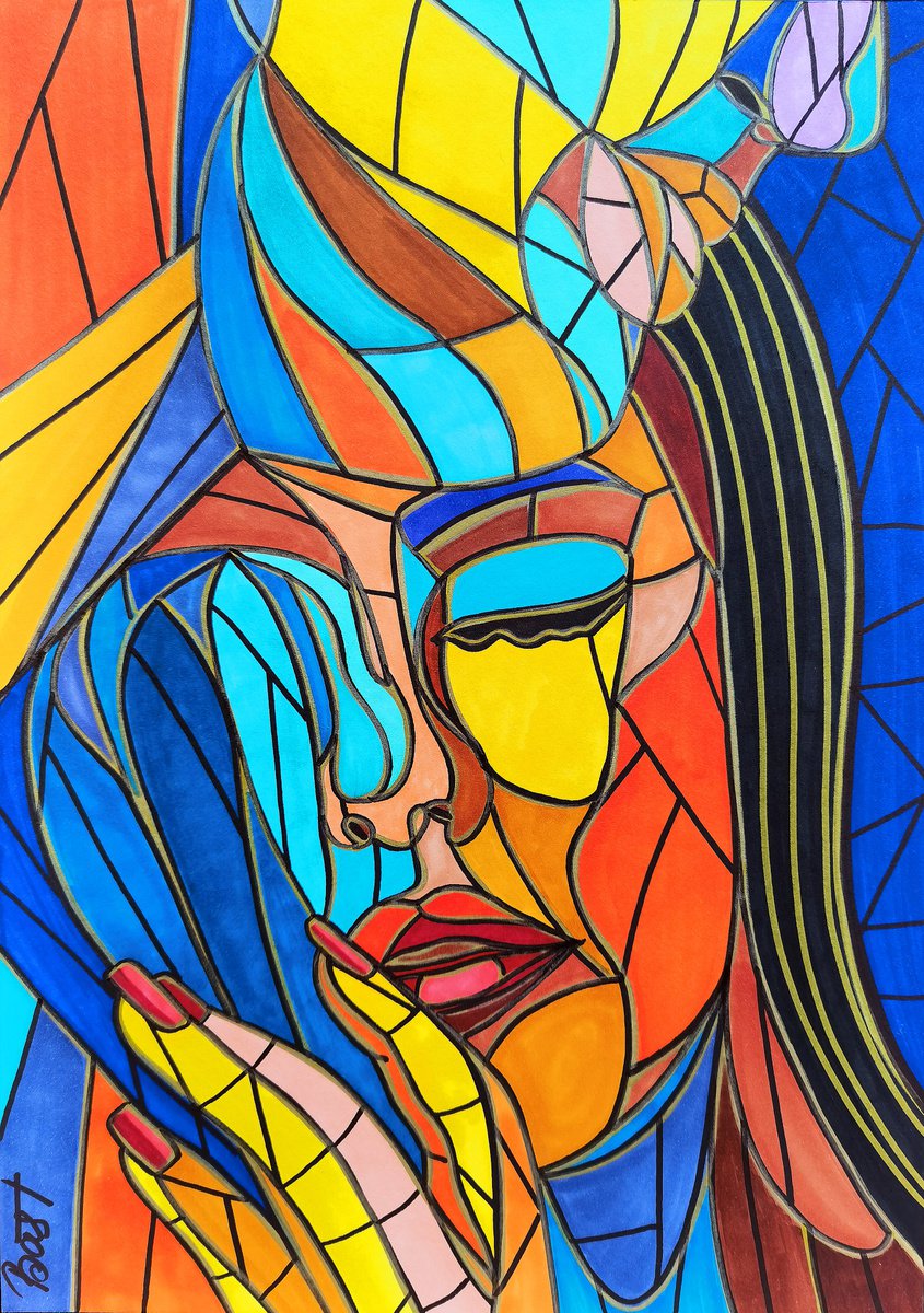 Woman & man abstract art in stained glass cubism style Drawing by BAST