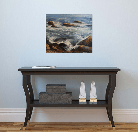Ocean, seething surf, original one of a kind oil on canvas seascape