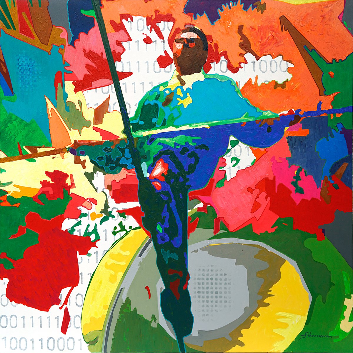 Urban And Pop Portrait Acrylic Painting By Uwe Fehrmann, 47 X 47", Tire Walker, Original Artwork