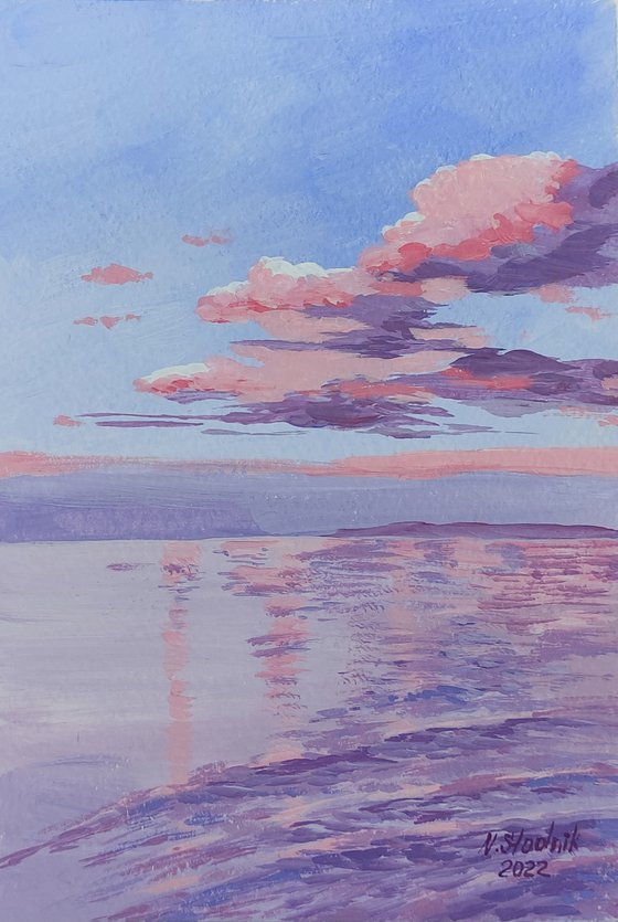 Ukrainian Gouache painting. Sunset clouds.