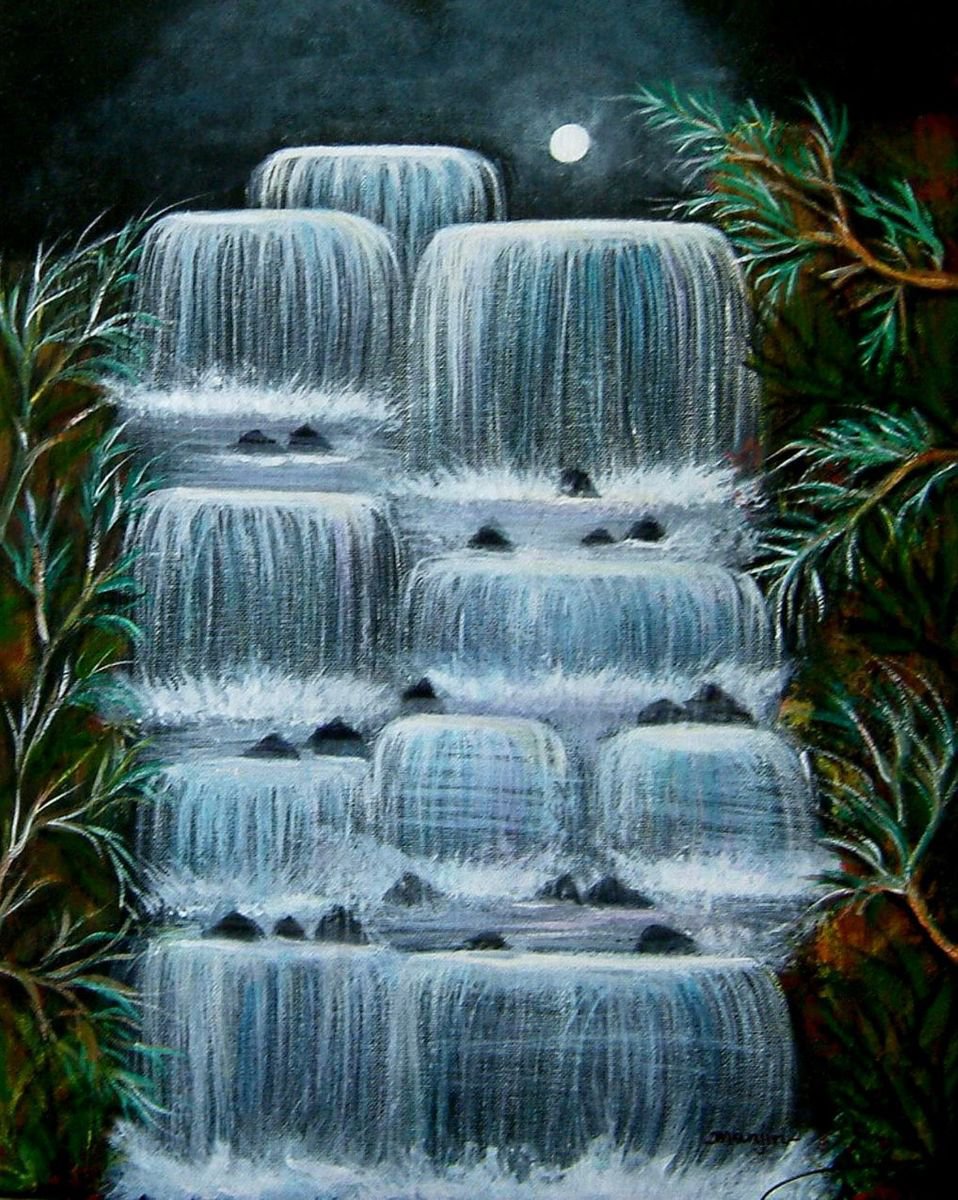 Moonlit Falls Landscape Painting by Manjiri Kanvinde