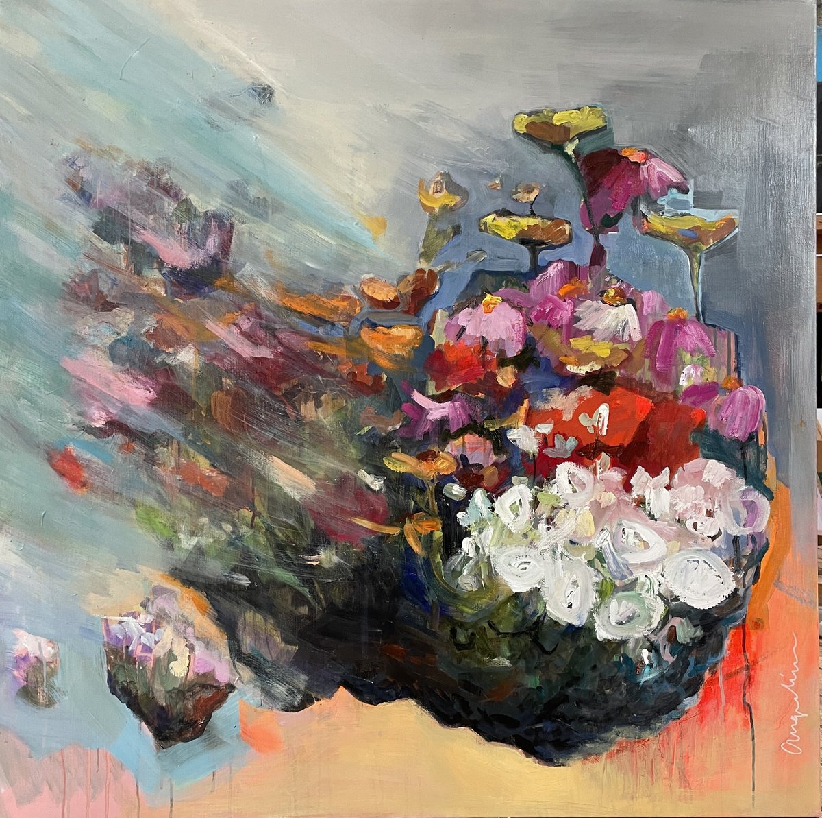 Impressionistic Botanical Oil Painting By Angeline Maas, 39 X 39, Flowerbomb, Original Artwork