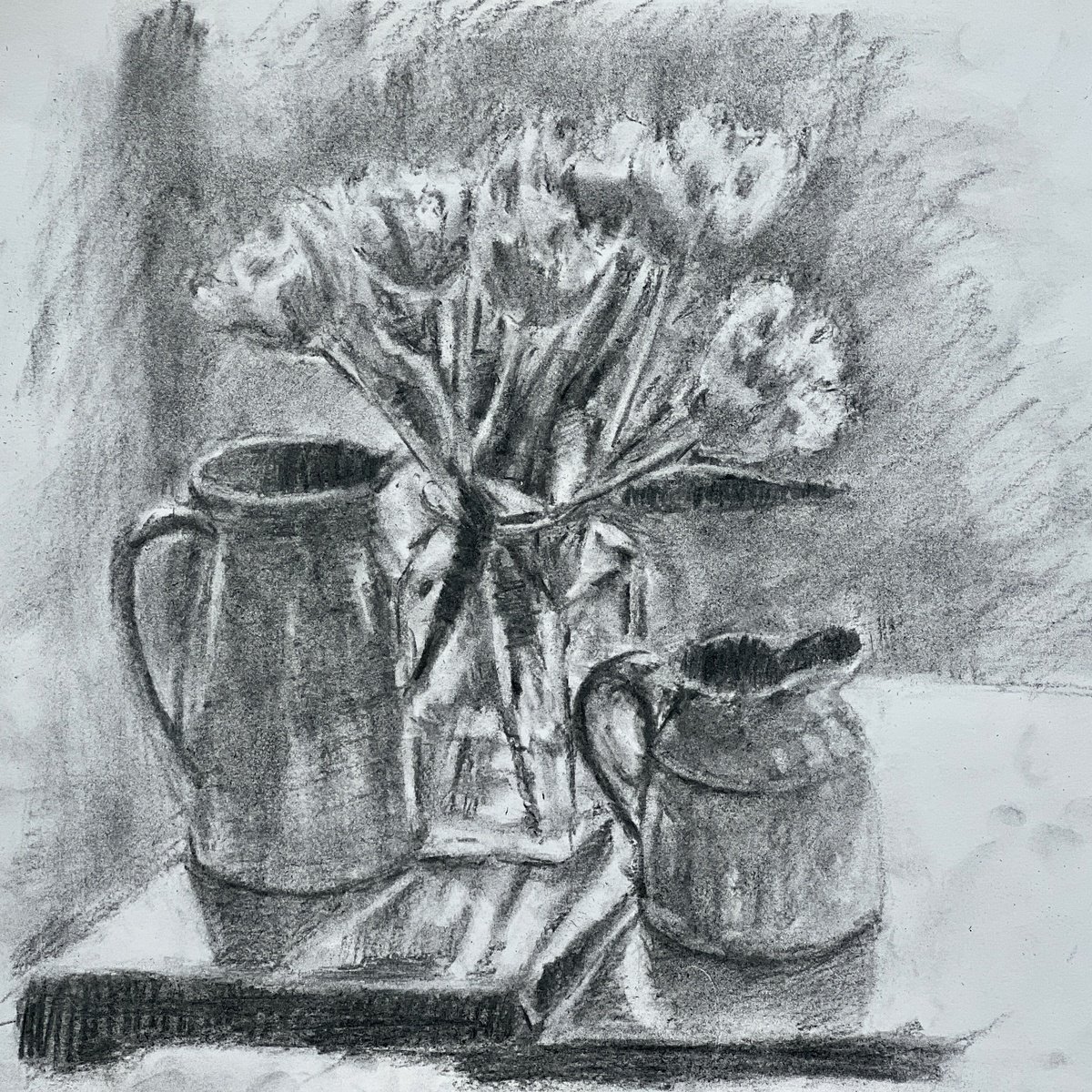 Still life with tulips and jugs Charcoal drawing by Louise Gillard ...