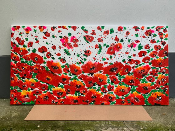 71''x 35''(180 x 90 cm), Garden of Joy 28, art, red green flowers, peony, roses, poppy  original acrylic canvas art, ready to hang