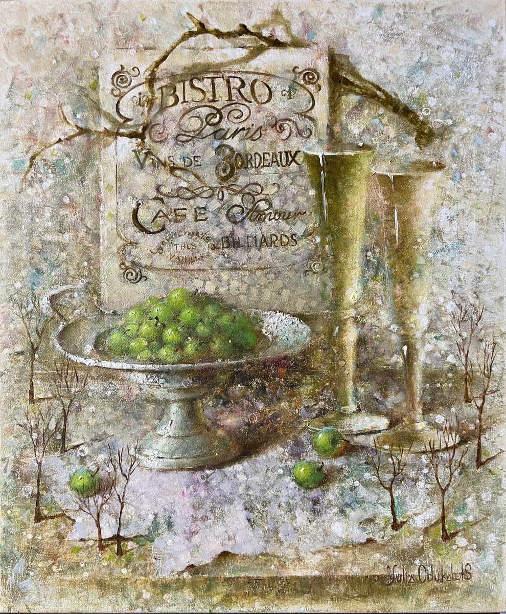 Impressionistic Still Life Oil Painting By Yulia Odukalets, 20 X 24", Fruit Golden Champagne Bistro, Original Artwork