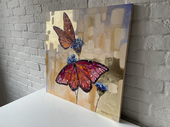 Couple of butterflies. Original oil painting. Flower