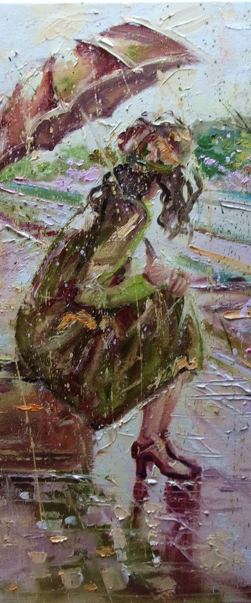 " SPRING JOURNEY ... "- TRAIN  liGHt  ORIGINAL OIL PAINTING, GIFT, PALETTE KNIFE by Monika Luniak