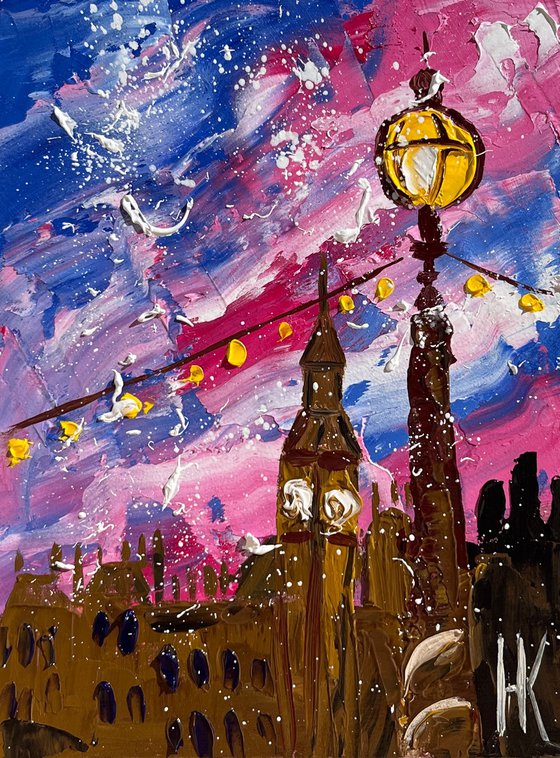 London Painting Cityscape Original Art Street Lights Impasto Oil Big Ben Artwork Small Home Wall Art 6 by 8" by Halyna Kirichenko