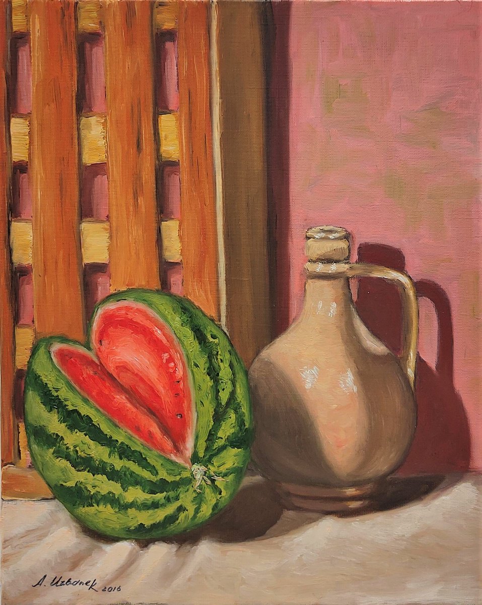 Impressionistic Still Life Oil Painting By Albina Urbanek, 13 X 16, Watermelon, Original Artwork
