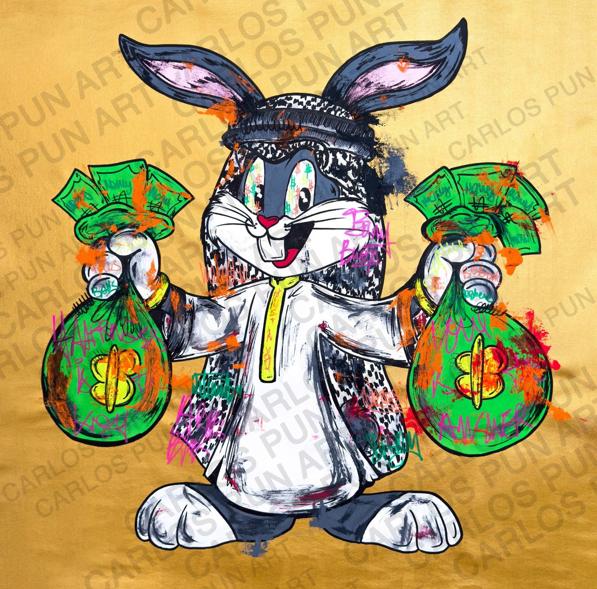 Arab Bugs Bunny money bags by Carlos Pun Art