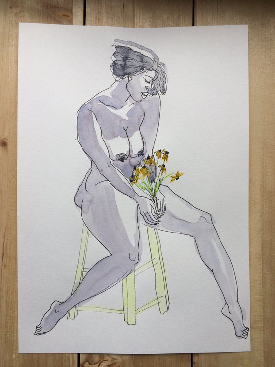 Female nude drawing - Seated nude woman with flowers - Original sensual watercolor - Figure study mixed media (2021)
