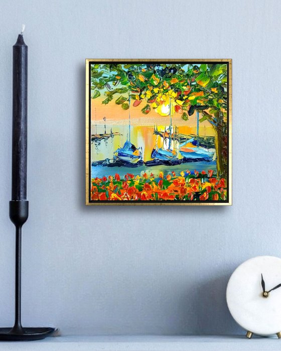 Cozy Sunset on Garda Lake, Italy Landscape, Small Oil Painting