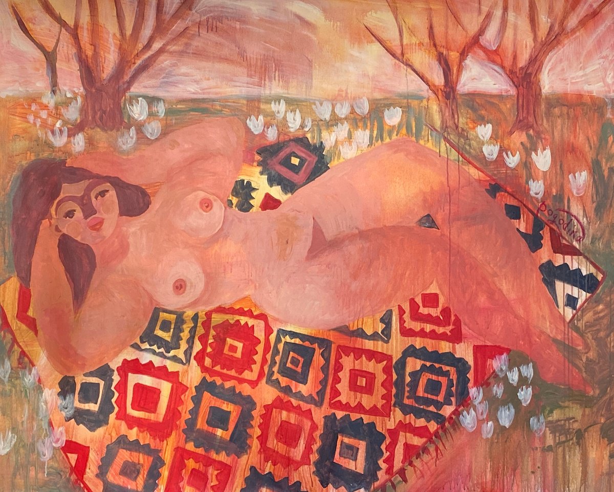 Impressionistic Portrait Acrylic Painting By Dasha Pogodina, 49 X 39, Posing In The Garden, Original Artwork