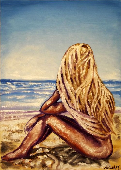 SEASIDE GIRL - SITTING BLOND - Oil painting (30x42cm) by Wadih Maalouf