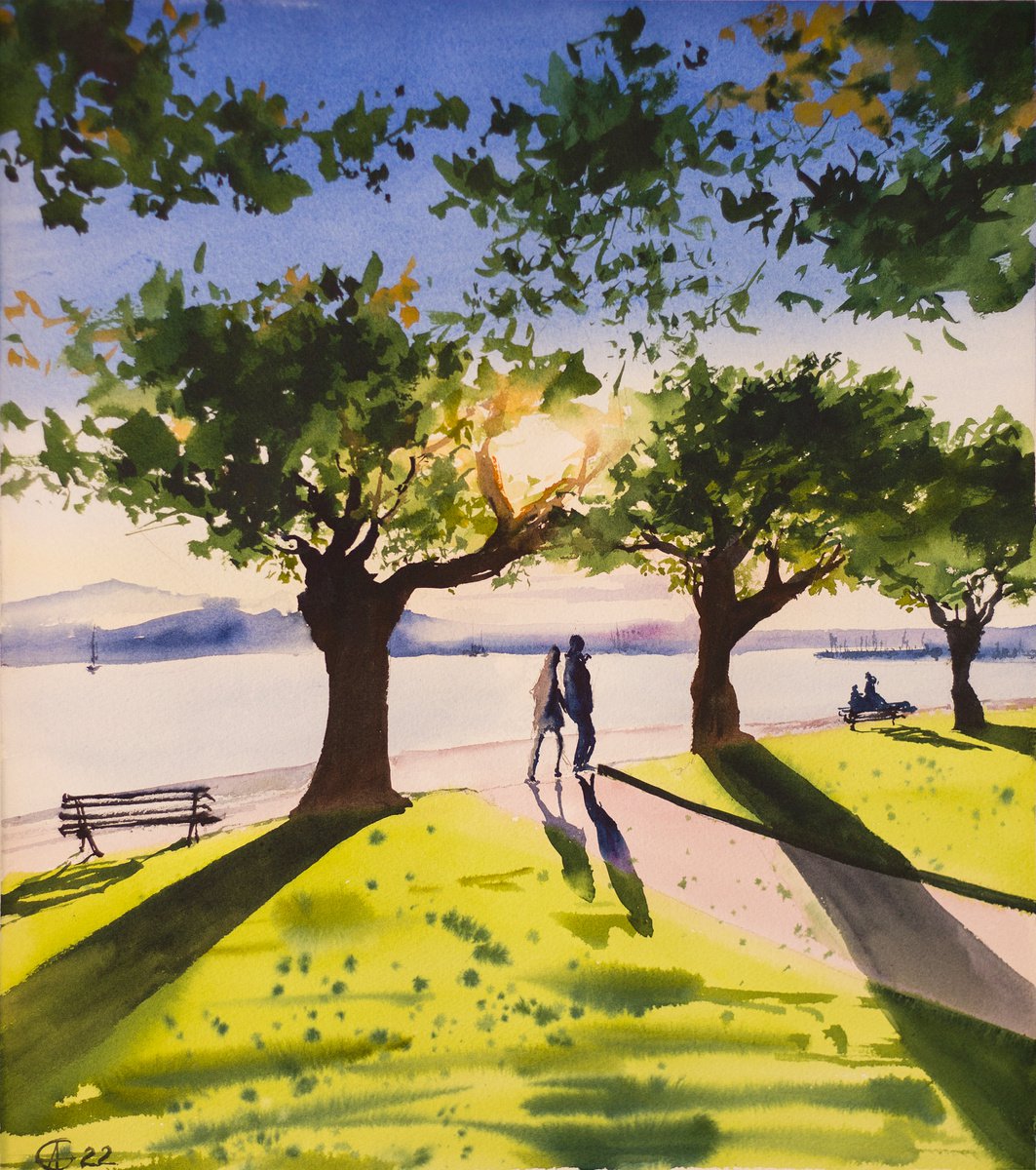 Evening in Zug. Walk near the lake. Switzerland nature sunset landscape watercolor mood in... by Sasha Romm