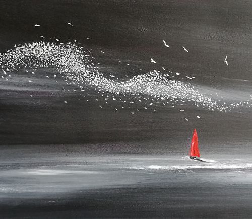 Moonlight Murmuration - Seascape, Murmuration, Panoramic, XL, Modern Art Office Decor Home by Mel Graham