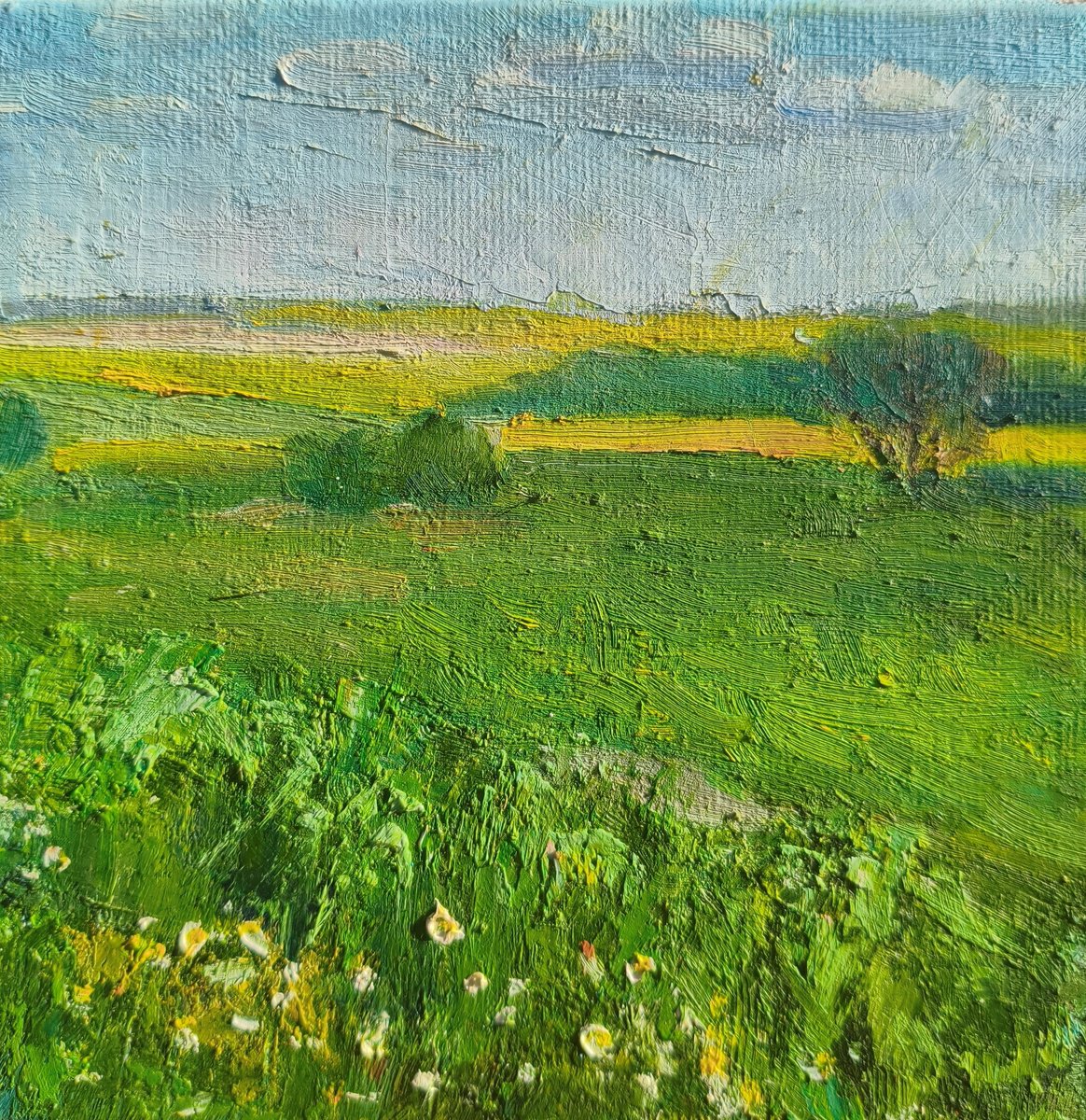 Impressionistic Landscape Oil Painting By Valentina Andrukhova, 6 X 6", Field Of Wildflowers, Original Artwork