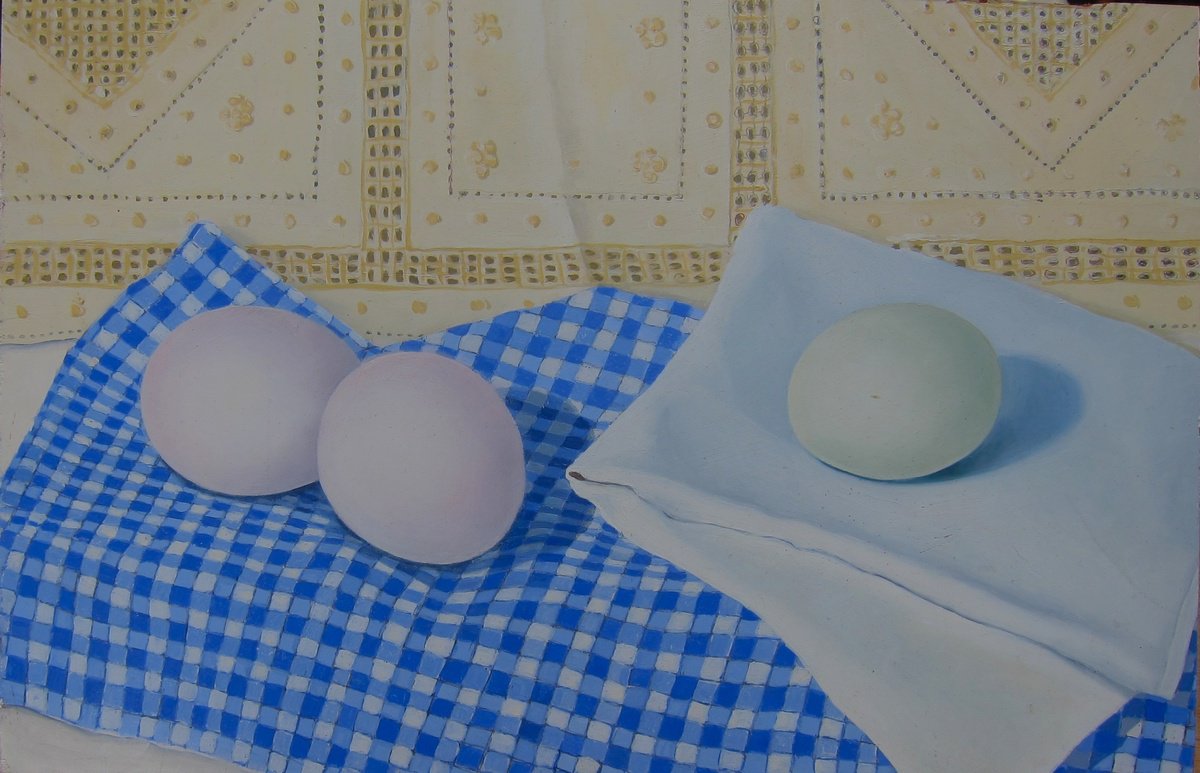 Still Life Oil Painting By Sophie Colmer-Stocker, 12 X 8", White Eggs On Blue Gingham, Original Artwork
