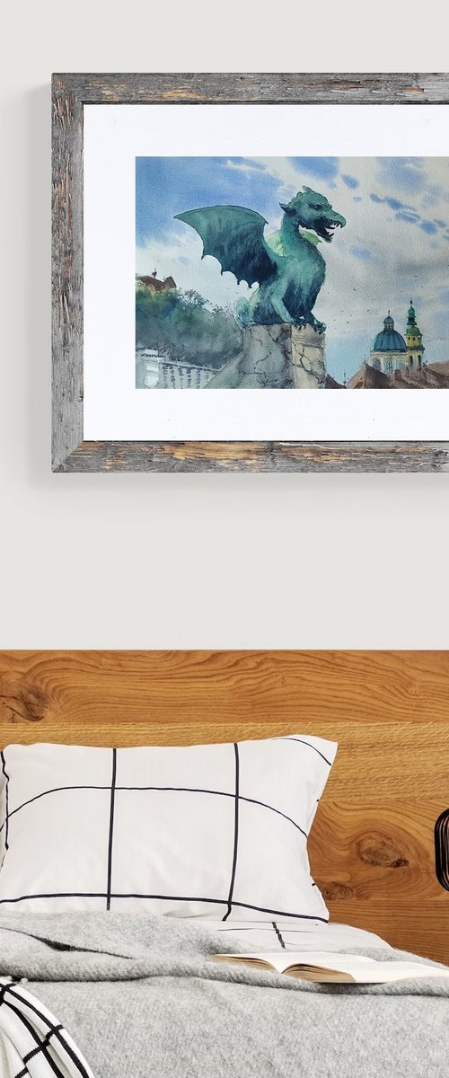 Dragon bridge Ljubljana Slovenia original watercolor landmark painting, Wall art home decor to hang in living room, European city watercolor by Larisa Carli