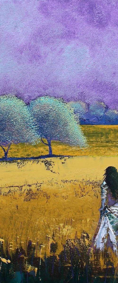 Woman Walking toward 2 Trees by Simon Jones