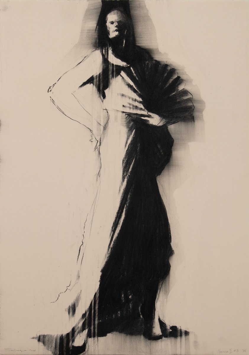 Expressive Portrait Charcoal Drawing By Zil Hoque, 25 X 36", Iberica Ii #3, Original Artwork