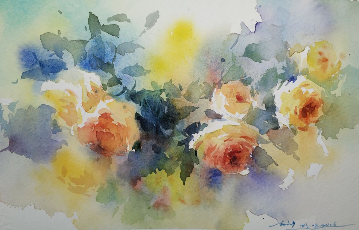 Impressionistic Botanical Watercolour By Jing Chen, 11 X 8, Roses 2, Original Artwork