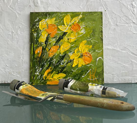 Daffodil Painting Floral Original Art Flower Oil Impasto Artwork Small Wall Art 6 by 6" by Halyna Kirichenko