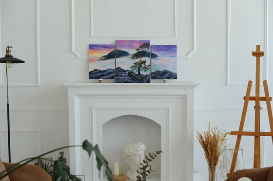 Infinity and Soul, oil painting, original gift, home decor, Bedroom, Living Room, Lake, Mountains, Sunset, Horizon, Calm, Fog, Tree, Meditation, Triptych