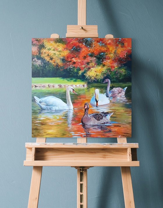 Swans in the lake acrylic painting
