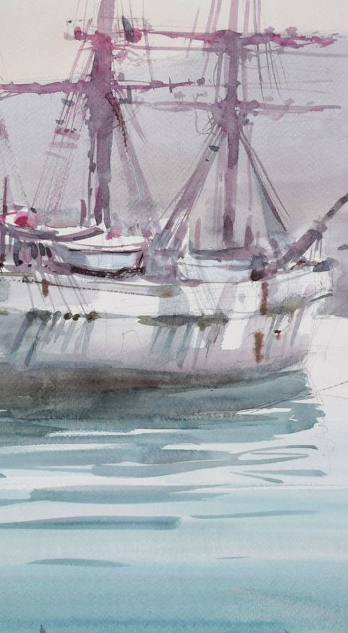 Ships in the mediterranean  harbor by Goran Žigolić Watercolors
