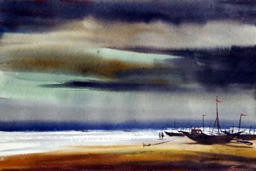 Monsoon Seashore & Fishing Boats II - Watercolor Painting by Samiran Sarkar