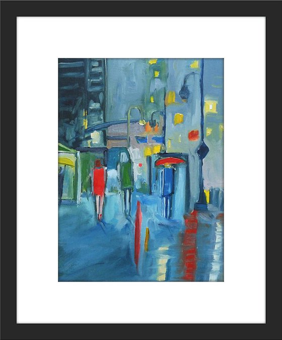 GIRLS CITY RAIN LIGHTS. Original Female Figurative Oil Painting. Varnished.