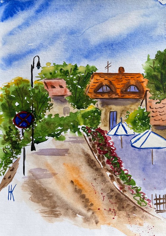 Hungary Painting Tuhany Original Art Roof Watercolor Houses Artwork Village Wall Art 8 by 12" by Halyna Kirichenko