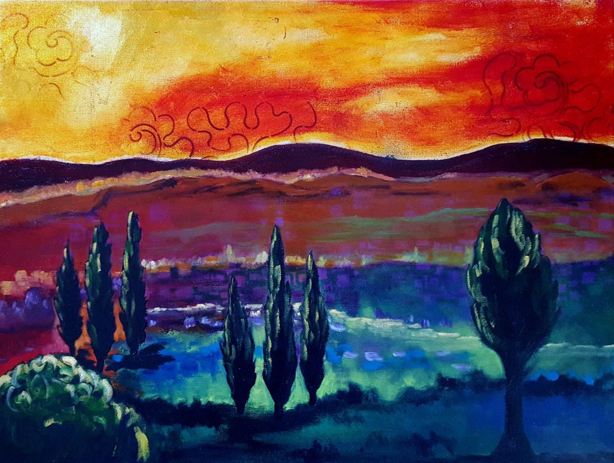 Landscape Painting By Cathy Maiorano, 24 X 18, Red Sunset, Original Artwork